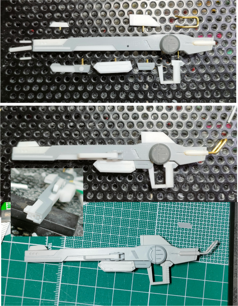ある程度バラした状態 ダークグレーの部分はコトブキヤのプラユニット丸モールド10.0を少し薄く削り貼り付け筋彫りしたもの。ゴールド部分は真鍮線