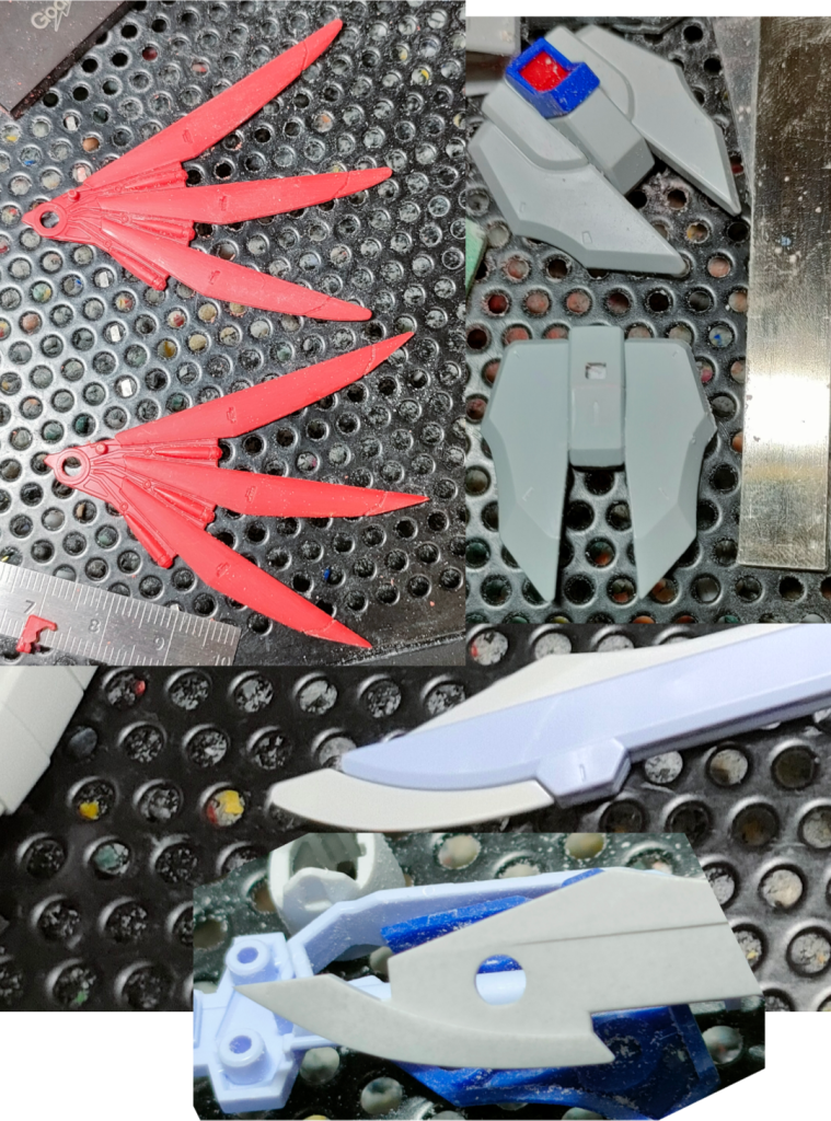 ウイングは先端からモールド部までの下部削りシャープ化(上が加工前、下が加工後)リアスカート右が加工後、左は加工前(少し削ってるかも)フロントスカートはこの時はまだ手をつけていないアロンダイトはかなり先端が丸くシャープ化すると短くなりそうだったので延長(加工後は撮影忘れてサフしちゃった☆)