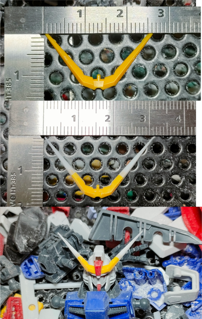 アンテナもシャープ化すると短くなりそうだったので延長上はほぼ加工前だが先端1mm切断してしまっている。最初は先端のみ延長したが、加工中強度が足らず折れたので、思い切ってにもと近くを切断し中に真鍮線を入れ延長。