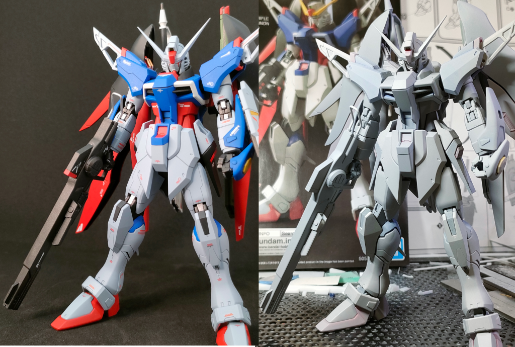 サフ時と完成時をほぼ同じ状態で撮影。サフ時に少し物足りず肩、スカートに筋彫り。ウイング付け根付近(顔の横に見えてる部分)のシリンダー塗り分けや、関節等のグレー部を2色で塗るとかなりメカメカしさが増した気がする。最大稼働表現関節はブラックライトペイントルミネレッドをエアブラシで塗っています。