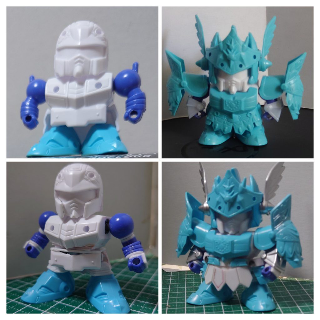 軽装タイプとアーマー装着、それぞれ上が素組、下が改修後。この段階はまだ調整中ですが、凡そのバランスはまとまっています。脚が伸びた関係で、出来る限りキットのパーツを使うといっておきながら、結局フロントアーマーはスクラッチすることに…。