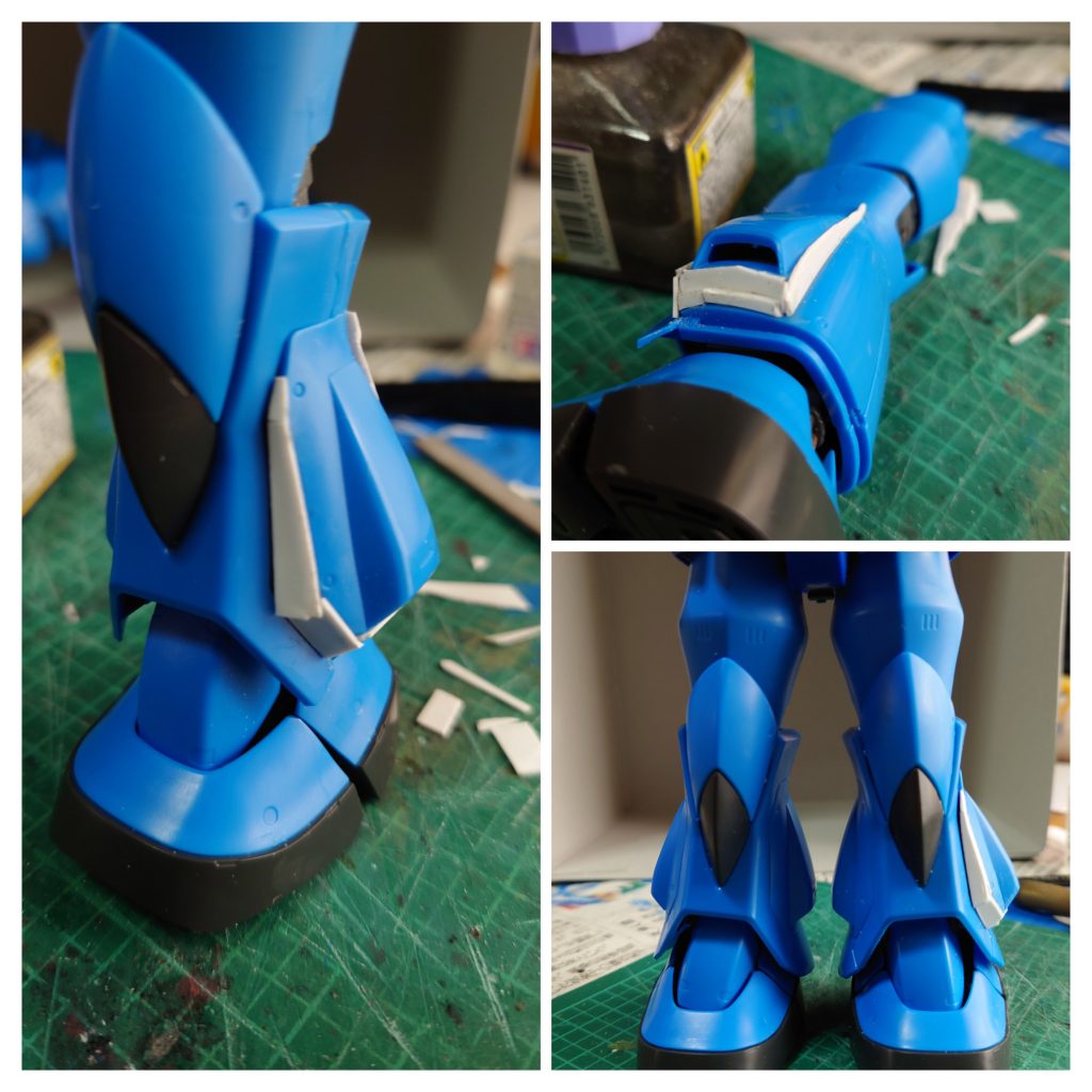 太ももの割に膝から下が細く感じたので脛の外側を裾広がりに最下部で3ミリ程度増幅プラ板をテキトーに切り貼りして現物合わせでそれっぽく整形