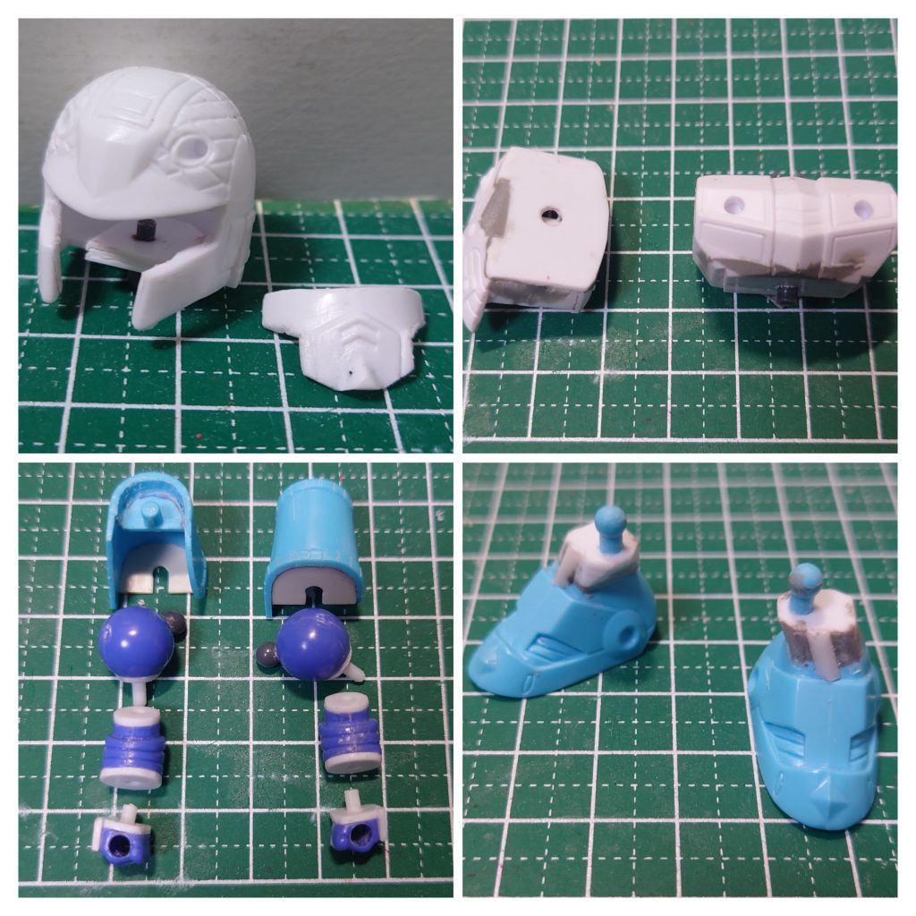 頭部　フェイス部を切り取り、頬当も角度を内側にして接続はボールジョイントに変更。胴体真ん中で切断してロール軸を入れ、潰れている部分を作り直して少し延長。腕部胴体への接続はボールジョイント、上腕、手首と刻んで少しずつ延長すると共に可動を追加。肩アーマーの装着は腕と本体に挟み込む形に変更。脚部大きく開けるように接続軸を内側に持ってくると共にプラ板を重ねて膝っぽいものを作り、延長。全体的に少しずつ縦に延長しています。