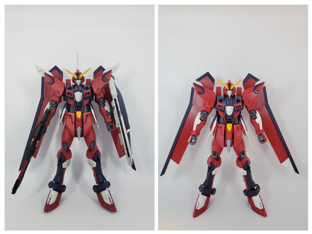 左が完成品、右がすぐみアンテナをシャープ化し、もも上間接を延長部分塗装後にウォッシング、つや消しスプレーで完成