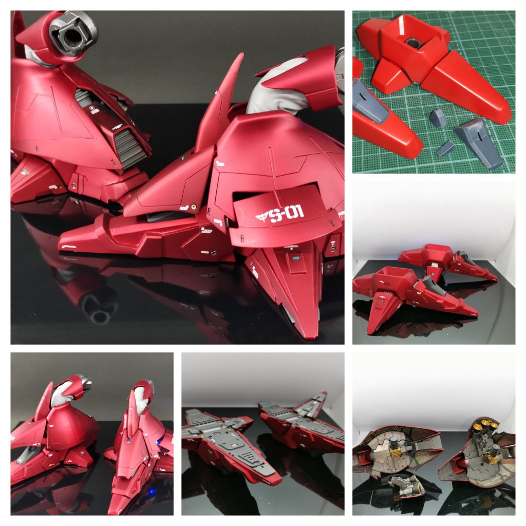 このキットを作るにあたってまず最初に悩んだのは、シンプルな脚部にどう手を加えていくかでした。今回はRGサザビーをイメージして装甲の追加や形状変更、外装の切り出しを行いました。バーニア部のパネルはスライド収納と3点で可動するよう改修しています。