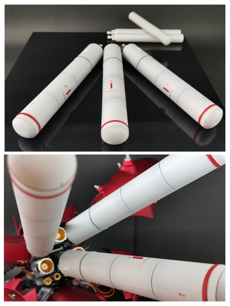 迫力ある本体に負けないよう、プロペラントタンクを大型化しました。接続部に負荷が掛からないよう、軽量化もしっかりと。塗装は薄っすらグラデーションを入れています。