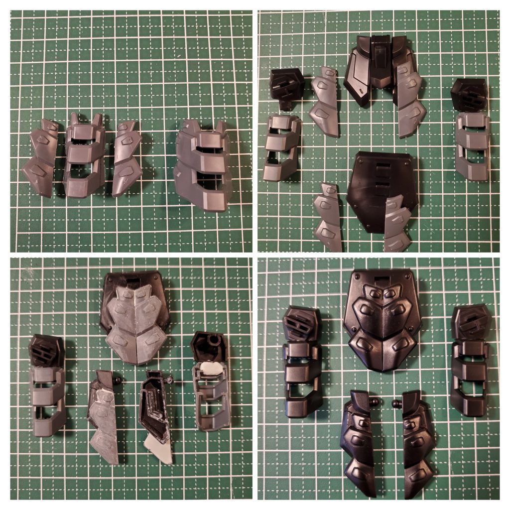 すねのパーツを切断、既存のスカート部を加工して接着剤とエポキシパテを使って接着。エポキシパテで前スカート部を肉盛り成型。エポキシパテ初めてつかいましたが…最初はベタベタで加工難しいですね。というかできないです。失敗したのを剥がしてたりすると時間がたち、やり直しを開始すると用意したパテが硬化しており(30分から1時間くらい経過)たまたまですが、整えやすい固さになっておりました。はみ出た部分は三時間後くらいにデザインナイフで整え、翌日に紙ヤスリ1000番で整えました。