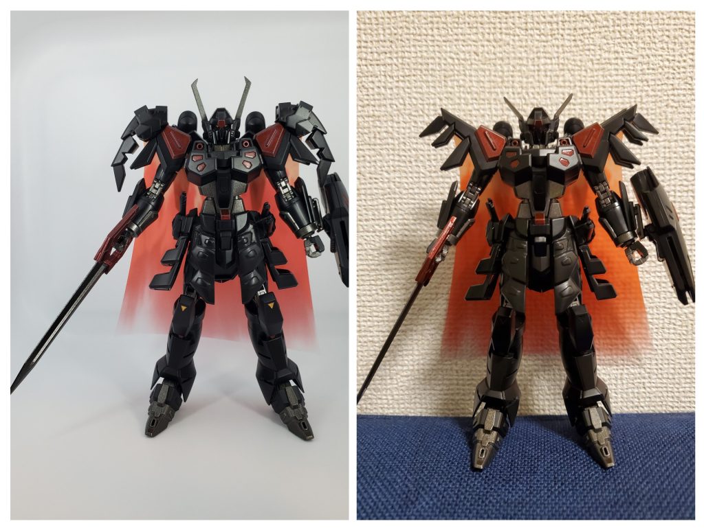 左、改良後右、初期型塗装レシピ(基本缶スプレー)関節、角等:グレーサフ、メタリックグレイ赤の箇所:グレーサフ、メタリックグレイ、クリアーレッド黒の箇所:黒サフ、セミグロスブラック目、膝:水性ホビーゴールド筆塗り全体:半光沢でトップコートメタリックグレイは食い付きが悪く、基本はサフがないと難しいと思いました。また下地に黒サフを吹いてメタリックグレイをふくと、黒鉄色に近い仕上がりになったので、今回は違うなと思い、グレーサフにメタリックグレイ二回塗りで行いました。