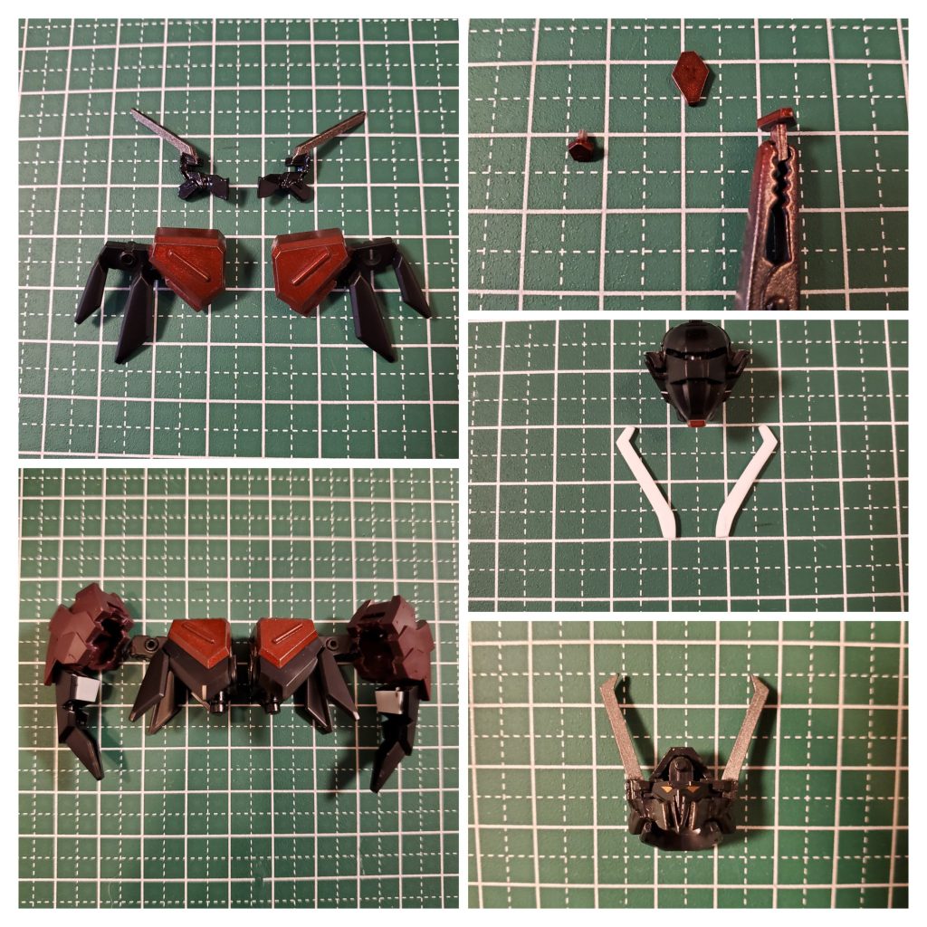 肩や顔まわりのパーツを加工、最初は写真左上の状態で完成予定でしたが、組み立てると全然イメージとちがったので、角を自作し肩は30mmのオプションパーツとシヴァの肩の一部を切断して組み合わせて作成。膝につけるパーツを自作し、スプレーをするためのとってがほしかったので余ったプラ板を仮接着し、塗装後に切断しました。