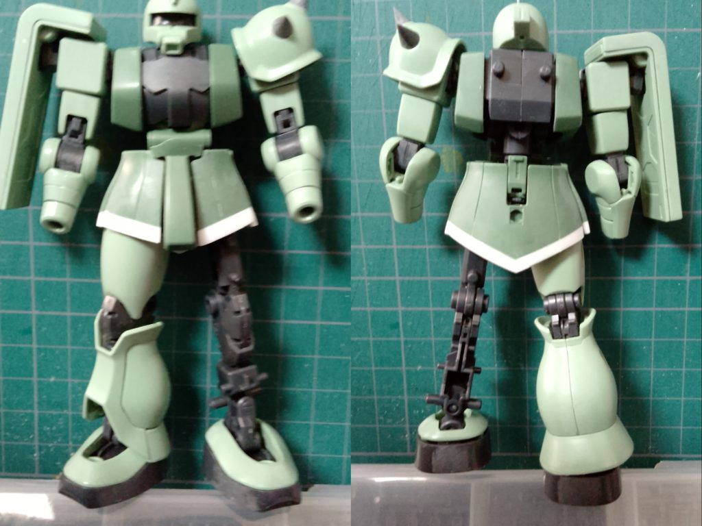 塗装は黒サフの上から、量産ザク用のカラーのGSIクレオスUG06 MSグリーンと、UG07 MSディープグリーンそのままですｔグレー部分は手元のいろいろなグレーを混ぜましたMSグリーンは調色しないで塗装できて、塗装はげも簡単に同じ色でリタッチ出来るので便利ですが、もう少し黄緑っぽいイメージがあったので次回は調色したいところです