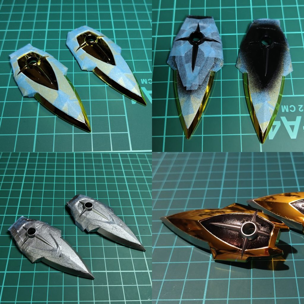 なんといっても苦労したのはシールドの塗り分けです。一度失敗して、部品購入に運よく在庫あったので、取り寄せてリベンジをしました。マスキングでまずは黒に塗装しマスキング追加。次にシルバー(オリジナルは白)に塗装。マスキングミスのはみ出しなどは、黒ペンで修正をして見られるものになりました。次の投稿でシラヌイの完成と新作を出します。