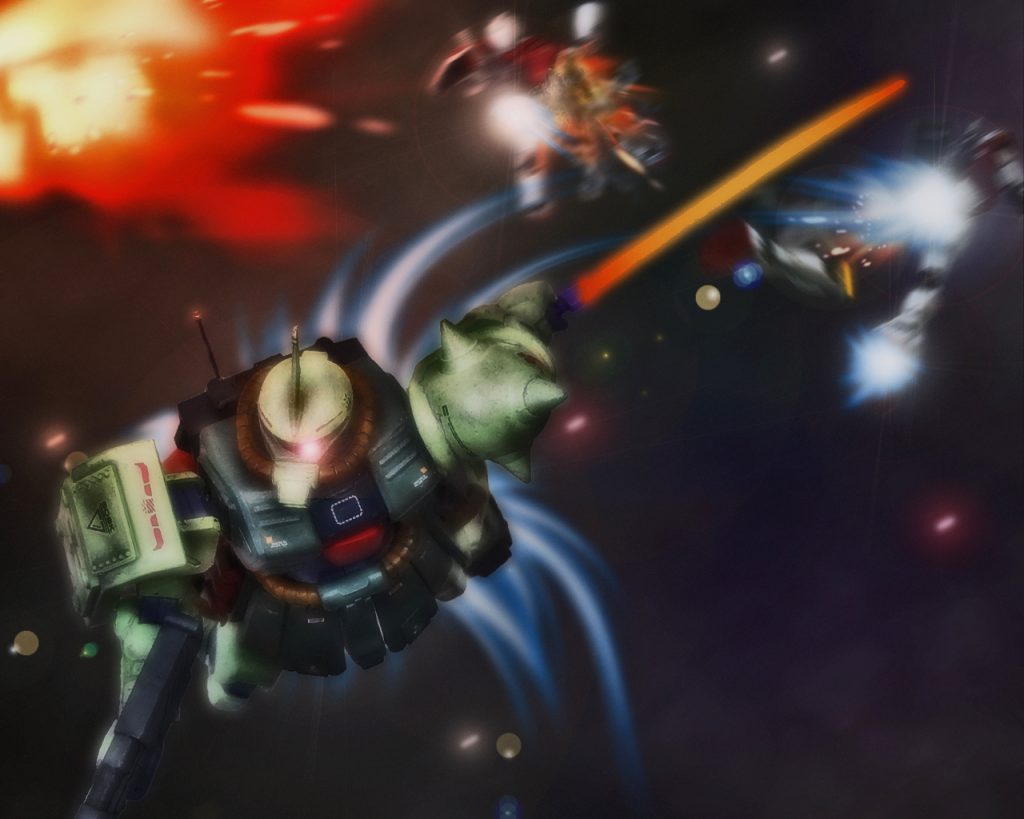 「押し通るっっ‼」それは一瞬の出来事であった。ただMSがすれ違ったように見えたがザクの剣撃が確実にジムを捉えていた。1機は右脇腹、もう1機は左脚。瞬きする間もなく、あまりの突然の事にジムのパイロット達は理解できていなかった。どちらも一撃のみ与えただけで大きな損傷を負わせている。特に右脇腹をやられたジムはそこから大きく爆発し、燃え盛る炎が吹き出した。片足を斬られたジムもバランスを崩し、錐揉み状に流される。「ほっ！初めて実戦で見たぜ!」「MSに乗っていても生身と変わらんな」「よく知らんがあれが『メンキョカイデン』ってやつか」「けどあれは本気じゃないな…」「何故だ?」「利腕じゃない方でサーベルを持っている。アレは手加減したんだよ」「なるほどな…」リック・ドムのパイロット達は同じ隊の人間としてキリュウのMS格闘戦に心が躍る。