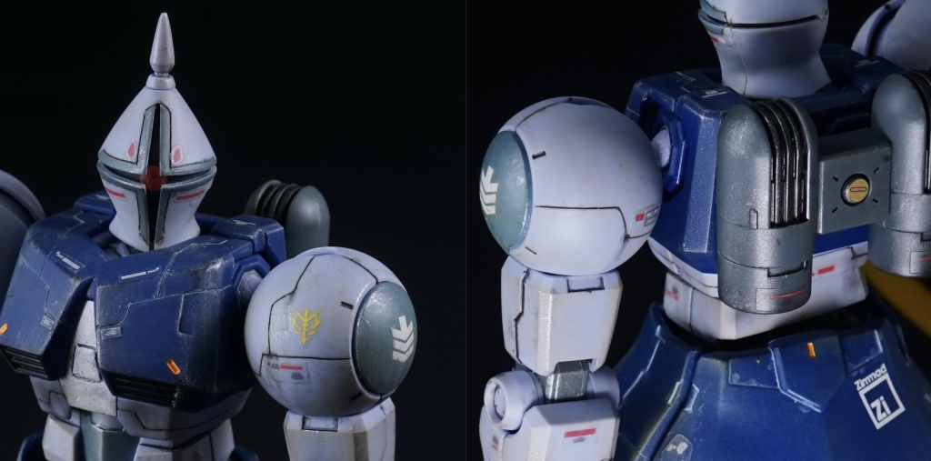 ・頭部、胸部、肩のスジボリ＆部分塗装・バックパック部分塗装（バーニア内も塗装しています）・マイナスモールドっぽい部分はガンダムマーカー（イエローゴールド）で塗装・モノアイはHアイズにしました