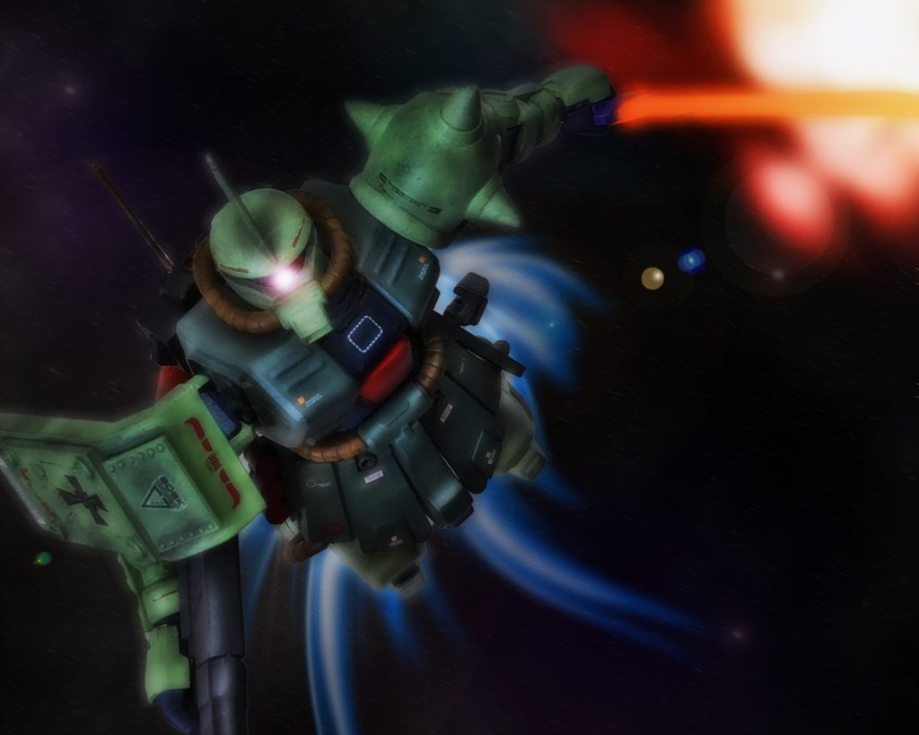 「ここからは早さが勝負か…」キリュウはD−SIを撃墜し先行したアルファ、ブラボー、チャーリー各小隊を追いかける。見た目はザクだがスラスター総推力は従来のF型の70%増しとなっており、新型のリック・ドムにも引けを取らない性能を誇る。後の量産型では採用が見送られているが、トライバル隊仕様のFZは高出力による稼働時間減少や高機動戦に対応すべくプロペラント・タンクを試験的に採用している。キリュウは急加速すると身体がシートに押さえつけられるが、その細見のラインとは裏腹に力強くスロットルレバーが握りしめられていた。