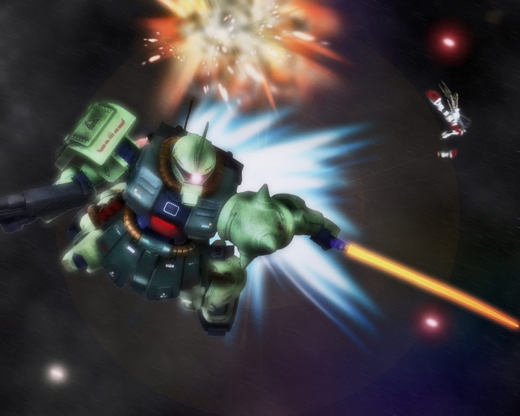 「迂闊だな…素人か?」爆散したジムを背にザクは更なる敵機が接近してないか警戒しつつ移動する。「太刀や脇差とも違う間合い…やはり少々使いづらいか…」キリュウはコクピットの中で独りごちた。宇宙空間での格闘戦は地上のものとは違った重心の動かし方が鍵である。1G下とは違い無重力の中では下半身で踏ん張る事ができず、スラスターの推力や姿勢制御で対象物に対して斬撃を与える。自身のベクトルの射抜き方ひとつで動きが変わる為、格闘戦はそれ相応の技術が求められる。それこそオートの格闘モーションもあるが、キリュウはマニュアルで全て行い機体を操っている所から独特なマニューバー(機動)を生み出していた。