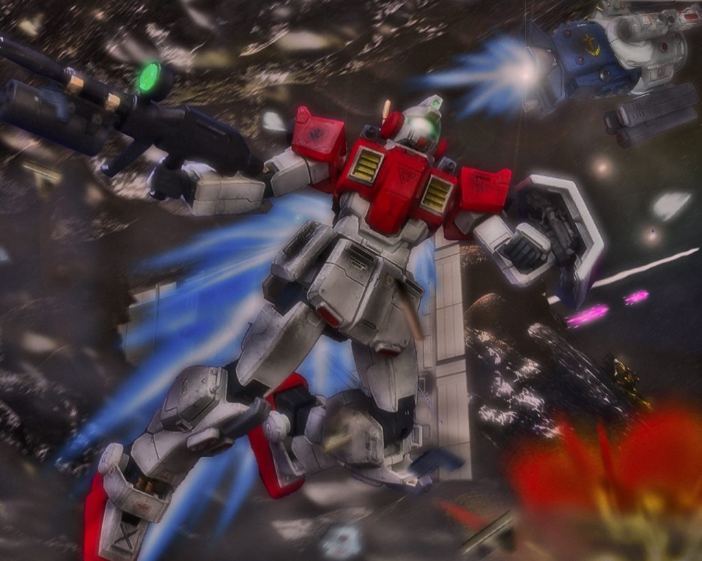 「ここの偉いさんは訓練生ばかり集めてなんて戦い方をしているんだっ!!」ネイマン・オルトラン中尉はそう叫ぶとルナツー基地から発進した。そして混戦状態にあるジム部隊を見つけると、すかさずビーム・ライフルを構え援護射撃を行う。「当たらなくてもいいっ、兎に角引き剥がすんだっ!」射撃後、先行指揮官用ジムを駆るネイマンは戦闘中の友軍の元へ、フルスロットルで向かう。見事な機動でデブリを避け戦場を駆けた。