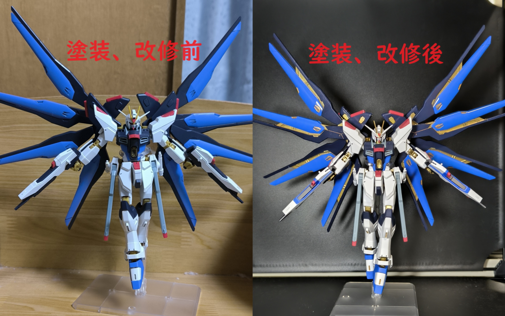 背景が違いますが、改修＆塗装前との比較画像です。頭部以外は改修していませんが、自分が出来る範囲でカッコよく出来たので大満足です！そして改修前の画像のホコリすごい。