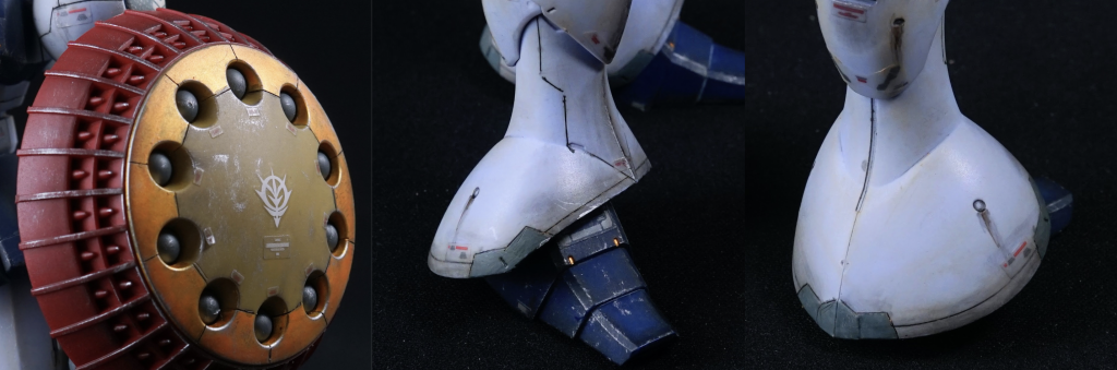 ・シールドのスジボリ＆部分塗装・脚部のスジボリが一番迷った部分です。もっと多めに入れても良かったですね