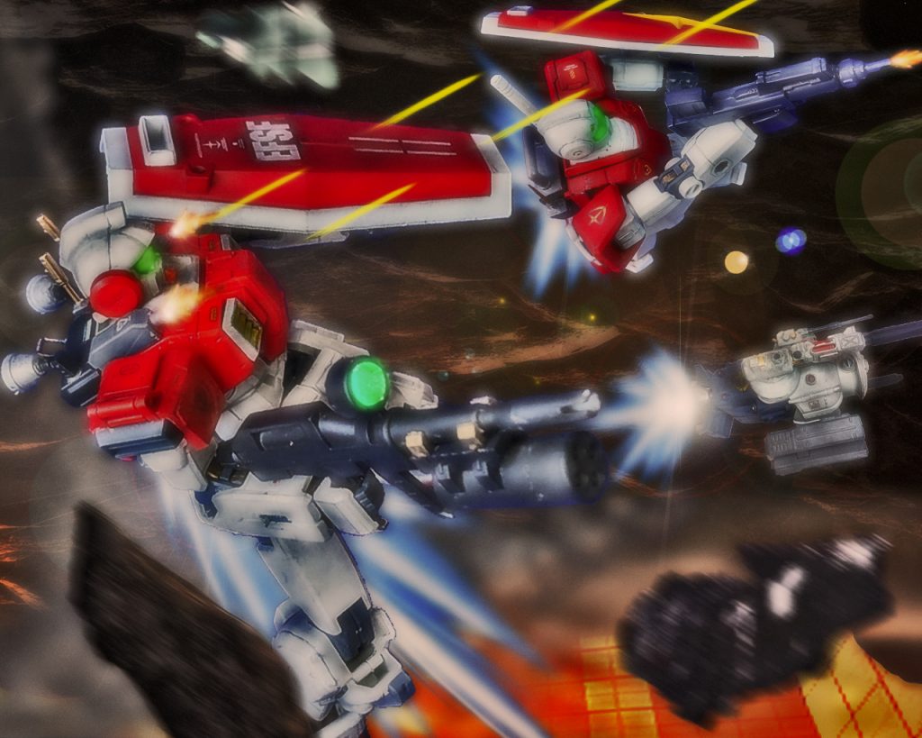 「あの角付きが指令塔か!」ネイマンは飛び交う破片を避けながら射撃し、訓練生のジムも援護を行うが、ザクFZはそれをものともせず回避する。「あんな動きをするのか、この瓦礫の中で⁉」独特な機動のザクにネイマンは只者ではない技量を感じた。ザクだけではない。あの新型の重MSも統率が取れた動きで今まで見てきた敵機とは一味違っていた。「イチバチだっ!」先行指揮官用ジムは左脚部からビームサーベルを抜くとシールドで手元を隠しながら構えた。ザクもマシンガンで牽制するが、ネイマンも細やかな機動でザクに近づくと接近戦を試みる。