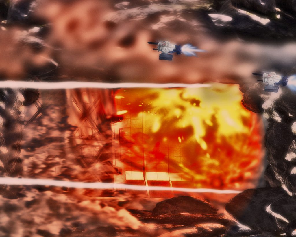 一列に並んだリック・ドム3機は先頭から順に1発づつジャイアントバズーカを撃つと弾は宇宙艦ドッグへ吸い込まれていく。「ストライクだな!」「いやいや、少々狙いが甘いんじゃ?俺は管制室に直撃ですわ」狙われた宇宙艦ドッグにジャイアントバズーカの弾が被弾すると夕焼けの様にドッグ内を赤く照らす。それも凄まじく爆発しドッグは地獄の業火に焼かれたような画になる。「各員消火急げっ!」「こんな燃えては消せないだろっ、隔壁閉鎖だ!」「総員退避っ、退避ー!」視界を遮る濃煙にドッグ内部の兵士達は混乱に陥る。