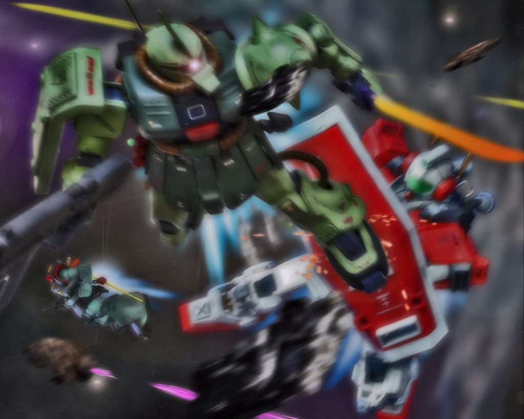 「連邦の者!貴様とはまた会うかもしれんな!」マサムネはジムに蹴りを浴びせると、その反動を利用し離れた。ネイマンもシールドでガードし衝撃を弱めたが後ろへ弾き飛ばされる。「なんて攻撃しやがる‼」武器ではない直接攻撃に驚きを隠せなかった。だがこの様な戦い方も人型であるMSの特徴と言える。