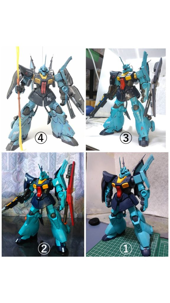 ①素組　②改修後　③塗装後④自分の中では砂埃の似合うMSということで汚しフィニッシュ。フィルタリキッドのレイヤーバイオレットを使用しました。