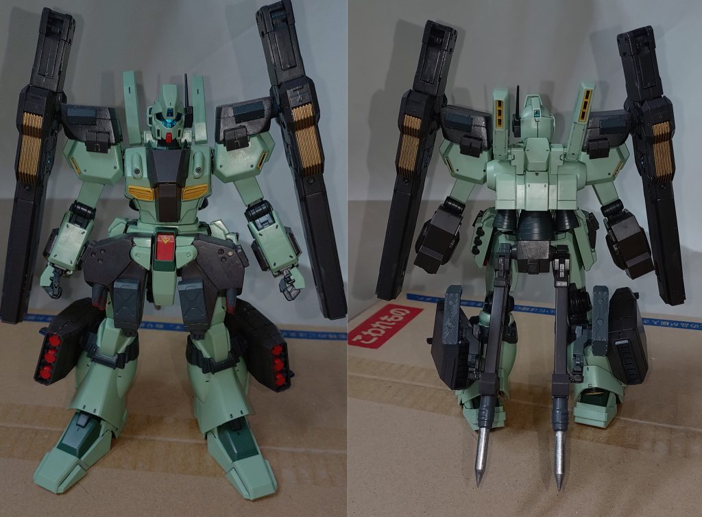 とりあえず前と後ろから。肩にミサイルのジョイントにはめ込めるように作ったジョイントパーツとビームキャノンを装備。スカートアーマーにはスタークジェガンのスカートアーマー基部を複製してこれをベースに武装を追加。更に腰の後ろにもジョイントパーツを作って、量産型ガンキャノンよろしくアウトリガーユニットを付けました。ついでに肩のミサイルも脚に付けられるようにジョイントを作成。