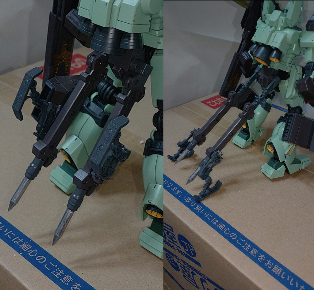 腰部アウトリガーユニット砲撃を安定させるために腰部ジョイントに接続されたアウトリガーユニット。砲撃時に身長、接地することで機体の安定を高め砲撃の精度を上げる。また、著しく傾斜した地形や宇宙空間での砲撃なども考慮しアンカーユニットも装備されており、状況に応じてこれを突き立てる事ができる。一応MSの装甲を貫くこともできるが、付いている場所が場所なだけに攻撃として使える場面はほぼ無いといってもいい。量産型ガンキャノンが砲撃時に腰から伸ばして設置するジャッキがあるって設定を見てから、何がしか使ってみたかった設定。腰の後ろのふんどしに汎用ジョイントパーツを付け、それにアウトリガーを接続しているという形。アウトリガー部分はやはりMSGの使いどころに困ったパーツをベースに組み上げた。
