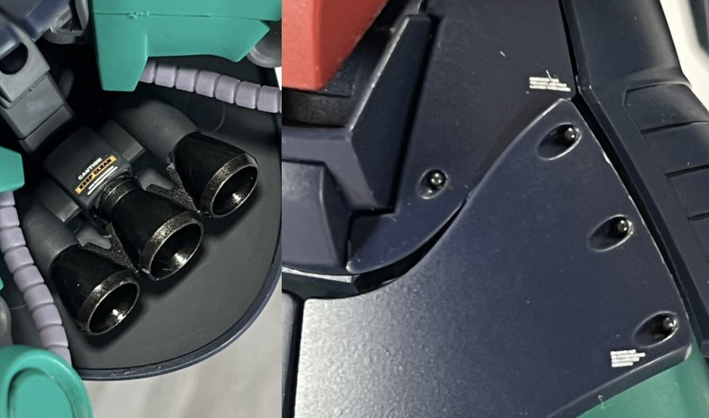 部分塗装ですが、装甲裏をジャーマングレーの筆塗り塗装をしています。他にも、バーニアとフロントスカートのディテールにガンメタルで筆塗り塗装をしています。