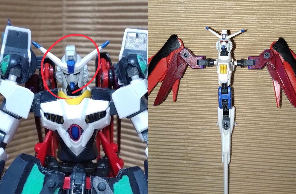 ここまでリベロの『ノーマル』、『アンラッシュモード』、『ネクサスリベロ』、『タイラントリベロ』、『テンペストリベロ』、『ロビンスリベロ』、『アサルトリベロ』、『ファイターリベロ』、『イクシードリベロ』、そして『ストライドリベロ』を紹介しました。総集編だということである程度まとめましたが、もっと細かいことを知りたい方は各形態の投稿をご覧ください。さて、最後にまだ明かしていない要素を紹介して今回終えようと思います。 ガンダムリベロのコックピットですが、この頭部になります。レギルスの上半身を使っているので、アニメでは描かれていなかった脱出機能がリベロにもあります。 『レギルスコア』という名前ですが、自分は少し尻尾(テイルビームライフル)を前に出すように動かし、そして頭部を下に傾けて戦闘機に近づけた形態を考えました。