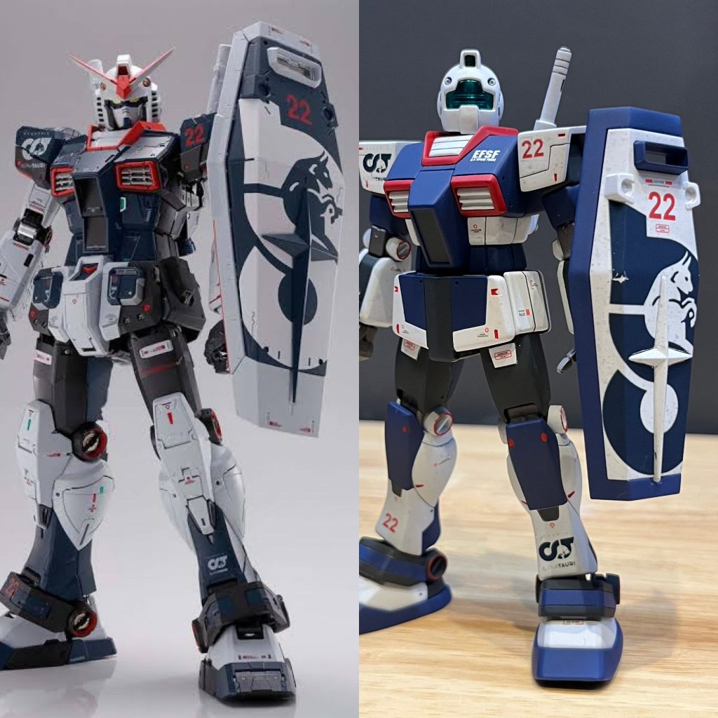 コラボガンダムと並べて。デカールの都合で一部配色は変えてますがそれっぽく形になりました。個人的には、やっぱりATはジムの方が似合ってるなぁ(笑)