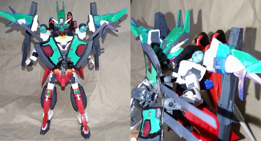 狙撃形態。『ロビンスリベロ』相手を確実に狙う光の矢を放つ『ロビンフット』をイメージした形態で、元々３番目に考えていた姿。『ロビン』と『スリー』の言葉を混ぜ合わせたことで『ロビンスリベロ』という名前に。制限を掛けていた両肩のGNドライヴ『リベロユニットドライヴ』を展開することで制限を解除。更には頭部に索敵システム向上やレーダー探知範囲を拡大させる専用ヘッドアーマーを装着させた姿。主な武器は『ロビンスアロー』と呼ばれる弓武器で、３つのモードで連射や命中率を拡大させる。威力を上げる際は片腕をネクサスアームを装着させる必要がある。また分離し、斧の『ロビンホーク』として使える。この武器は防御にも優れており、主に物理・実弾に対抗するシールドとしても使え、受けた物理攻撃の振動・衝撃を吸収して自らのエネルギーに変換する。リベロファンとは正反対の性能とも言える。主に使用するシステムですが、デスティニーのウイングから散布される『ミラージュコロイド』を切り替えで通常の『ミラージュコロイド』として使用できるところ。姿を消しての狙撃ができます。