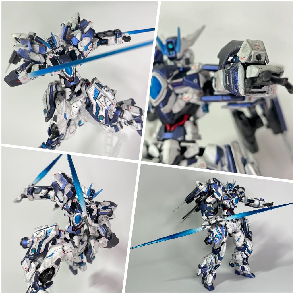 ・内蔵型GNビームサーベル(写真⬆️)両腕部に内蔵されたビームサーベル。非常用の近接武器として機能する他、出力を調節することでビームガンにもなる。・GNハイパービームサーベル(写真⬇️)腰部後ろに二振りマウントされているビームサーベル。一般の物に比べて形が大きく、出力も増加している。また連結することで両刃剣のようにもなる。