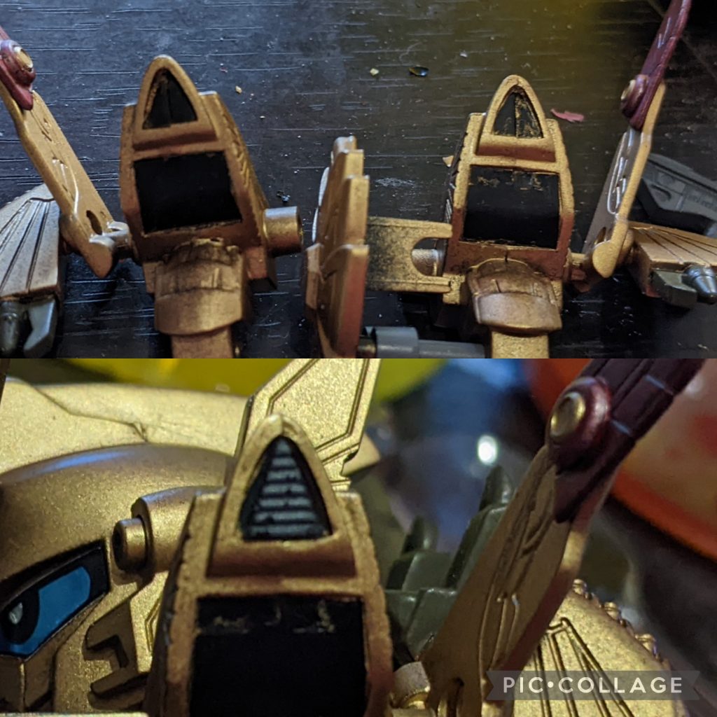 肩のスラスターは合わせ目消しができなかったので、スラスターのディテールアップパーツを三角に切って貼り付けて合わせ目をかくしました。