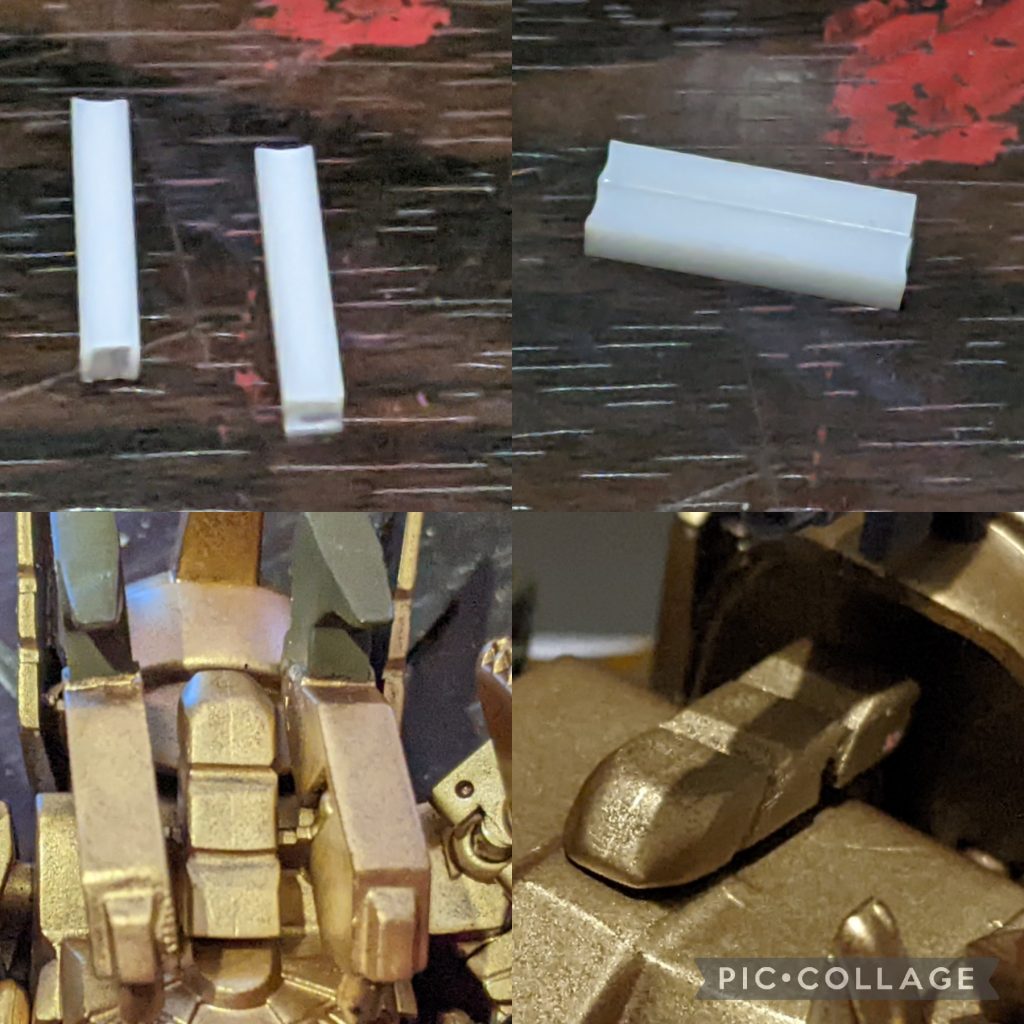 聖獣スターグリフォンの時に頭部付ける穴の露出が気になるので、プラ角材でタテガミのようなカバーを造りました。カバーは人型時に背中にマウント出来るようにしてあります。