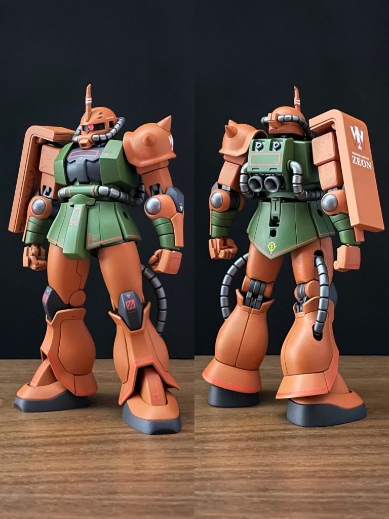 ベースキットのシャアザクの頭部に穴を開け、0.6mmの真鍮パイプで頭部バルカンを追加しました。設定画の肘を見ると旧キットみたいに少し膨らんだ形状にも見えたので、塗り分けじゃなく丸モールドを貼り付けて見ました。