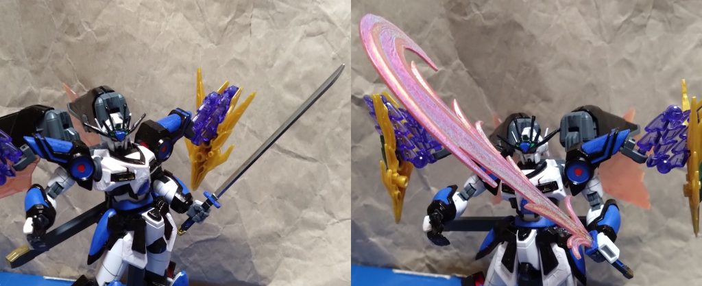 続編という設定なので、武器にも新たな要素が加えられることでしょう。ゲームでの武器を装備する際は大きさや装備する武器によるステータス変化を確認してましたが、装備するそれぞれの武器の種類に数が決められているのをご存じでしたか?例えばライフル(ランチャー)系は2つまで、キャノンは一つまで、シールドは一つまで、そしてサーベル(ソード・アックス)系は一つまで……と。ちなみに、ゴッドガンダム等の物理格闘系用の腕に装備するモノは2つまでと決められています。簡単だと最初は思われるかもしれませんが、ゲームをしていくうちに深く考えてしまいます。 もし続編が出れば、装備する武器の制限が増えるかと思われます。なので、今回は前回より多くの近接戦闘用の武器を装備しました。 では、ここから武装を説明します。 最初は『太刀』日本刀を装備。ビームすら斬り裂く鋭さで、ブースト技を放つ際は刀身からビームのエネルギーを放つ。この武器はゲームでも入手困難の超レア『サムライブレード』よりも優れた武器。こちらは神バーニングのモノを使い、左手持ちの武器にしました。 ちなみに『サムライブレード』とはトゥルーオデッセイのゲーム内で日本にしか生息しない『サムライザク』が持つ武器です。遭遇するのも低く、倒すと手に入れられるその武器を入手する確率もゲーム史上最も低い2%になります。自分はそのザクと出会えたとしても、武器を手に入れるのに半年掛かりました。『サムライブレード』はまさに運で手に入れられる武器ですね。