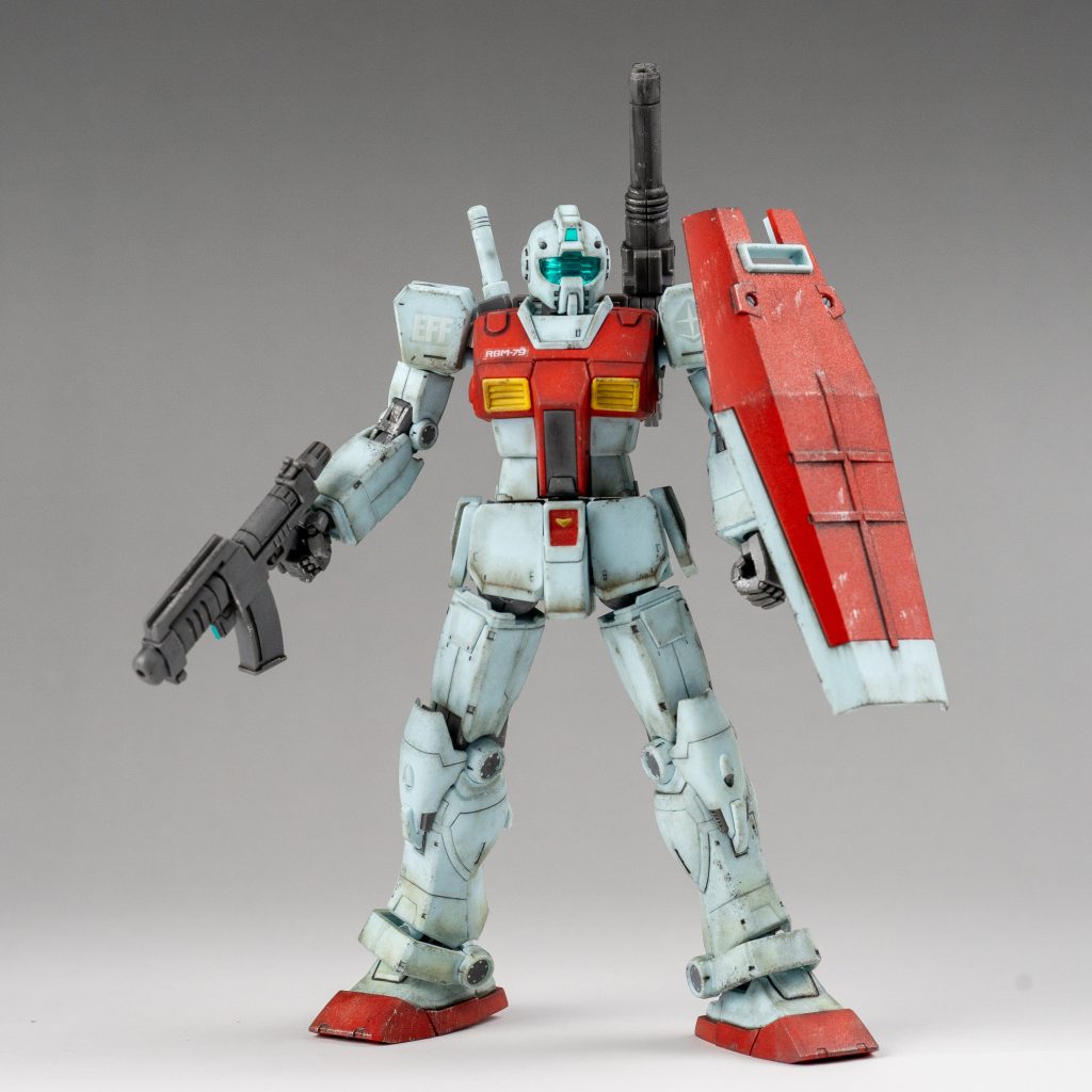 HG ジム (ショルダー・キャノン装備/ミサイルポッド装備)ウェザリング–3枚目/制作者：M.マウス Ver.Le