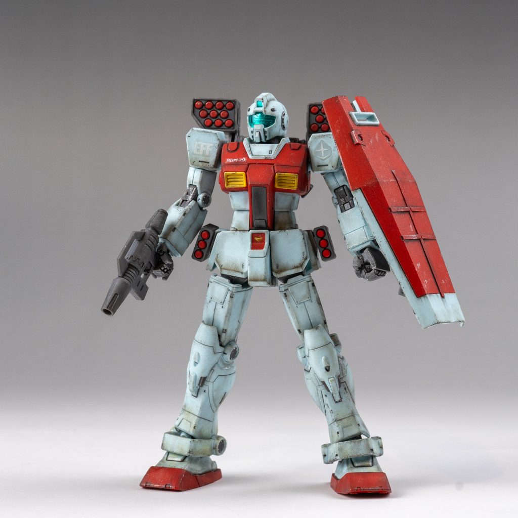 HG ジム (ショルダー・キャノン装備/ミサイルポッド装備)ウェザリング–4枚目/制作者：M.マウス Ver.Le