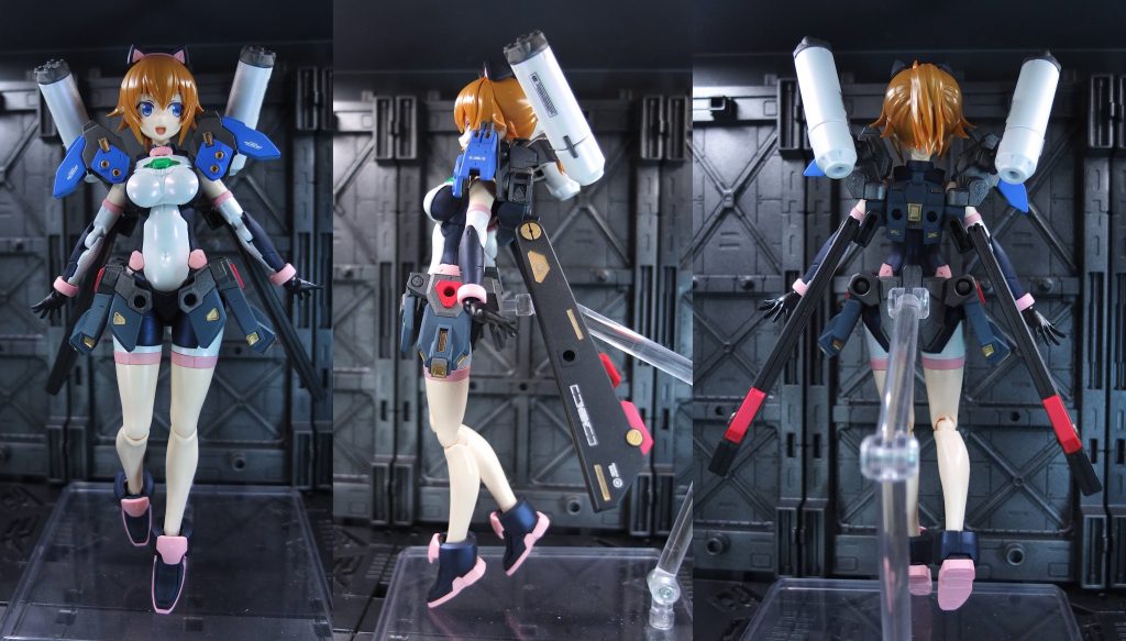 塗装の色分けは、肩アーマーはキャラクターブルー+ホワイト腰アーマーはブルー+ブラック+αボディ黒部分はプリズムブルーブラックを艶消しで白部分はアルカナホワイトパールを艶ありで、ピンク部分はエヴァピンクを艶消しでピンク部分は蛍光塗料を混ぜているのでUVで光ります髪はクリアペールブラウン、肌は成形色にクリア塗装です。