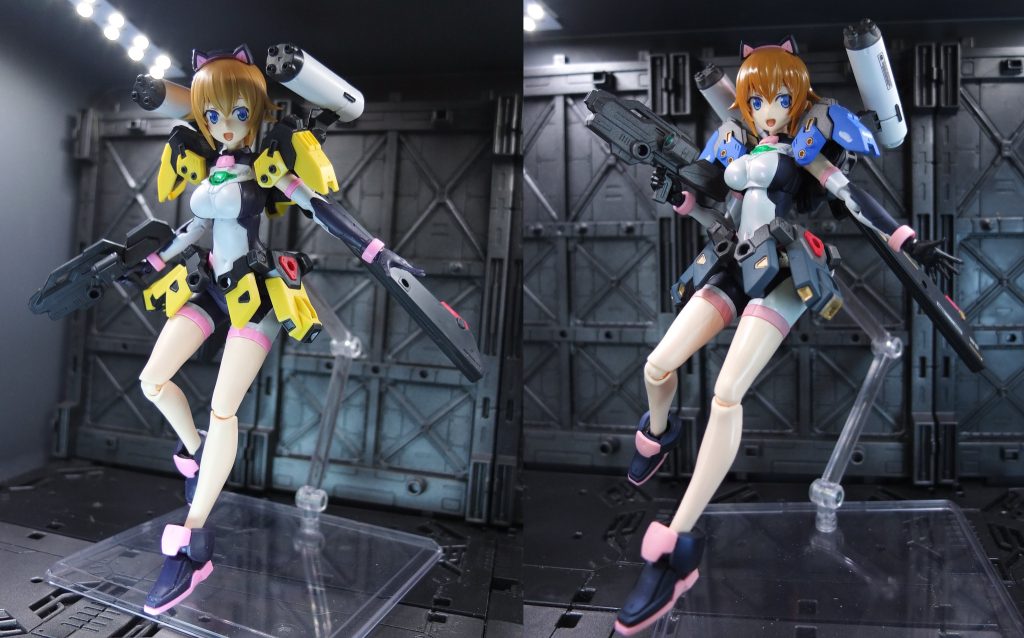 左が塗装前、右が塗装後になります武器のサイトは水性塗料で塗りました。ワンポイントの金色も筆塗りでプルプル震えながら