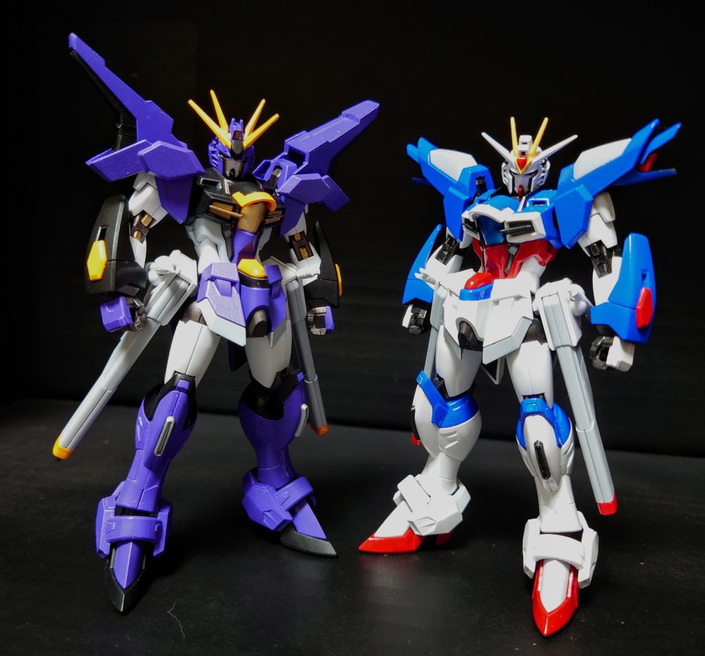 制作途中にふと色変えしただけやつと並べて、何か主人公のコピーとして出てくる敵っぽいなと思いガンダム世界に当てはめて2号機としましたグリッドマンとグリッドナイト的な雰囲気あってよい