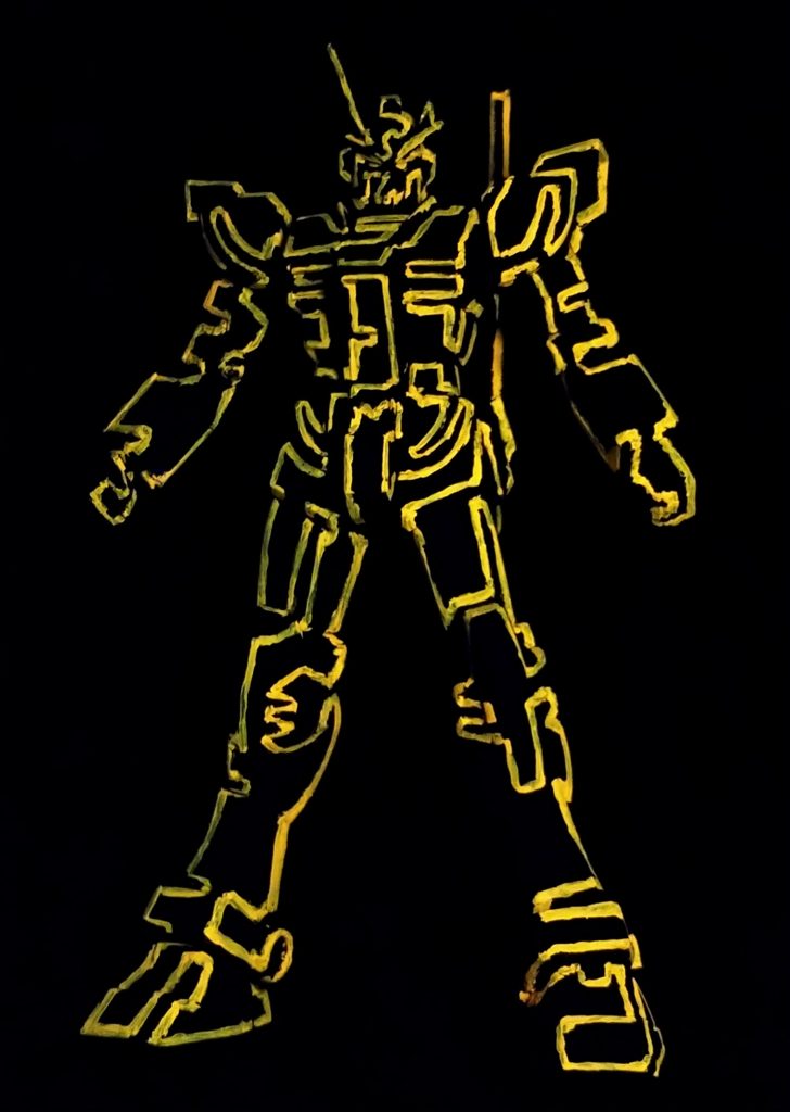 全体像。左足つま先が始点で、アンテナ右側が終点になります。アクリルガッシュの筆塗りで、蛍光オレンジを使ってみました。1時間くらいで終わるかと思ったら…3時間以上かかりました。