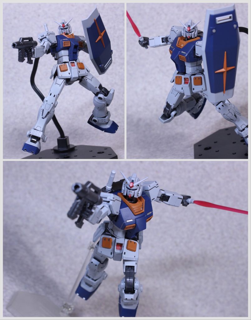 アーマーパージして素ガンダム状態。基本的にアーマーが付かない場所は手抜いて表面処理等は特にしてません。シールドだけはヒケがそこそこ目立つのでヤスリ掛けしてから塗装しました。シールドは余剰パーツで付属しますが装備させるジョイント等がないので写真撮る時だけマステで腕にくっ付けてる感じです。塗り終わってからなんか既視感ある色だな〜って思ったのですが局地型ガンダムがこんな雰囲気の色でした。作った事ないキットですが無意識のうちにカラーリング気に入ってたのかも…