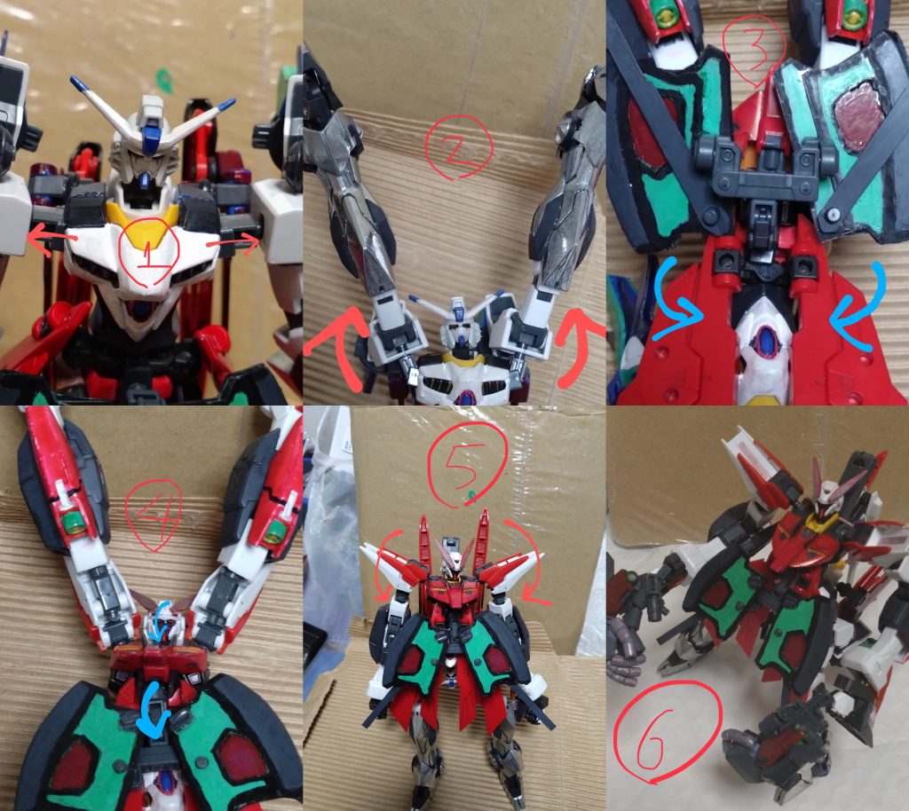 ここで次の形態に移るのですが、リベロの変形は今までにない変形になります。上半身と下半身が逆になり、腕が脚、脚が腕になるといったモノ。ここでどのように変形して別形態になるのかを一部だけ紹介・説明しようかと思います。『ネクサスリベロ』から次の『タイラントリベロ』の変形です。 (1)胴体と肩を繋ぐパーツを伸ばす。この部分は旧HGインパルスのパーツを使用してます。(2)両腕を肩の上までに上げる。この時、肩の位置とGNドライヴの向き等に気をつけます。(3)機体の上下を逆転させて腰のサイドアーマーを前に動かす。(4)フロントアーマー代わりに装備しているロビンホークを下に動かして(3)のサイドアーマーの前に。更にハルートの胸部分も下に動かして、顔を出します。(5)脚が腕になるので、両方とも下に下げる。(6)『多種装備ハンドガン』を持たせて完成になります。