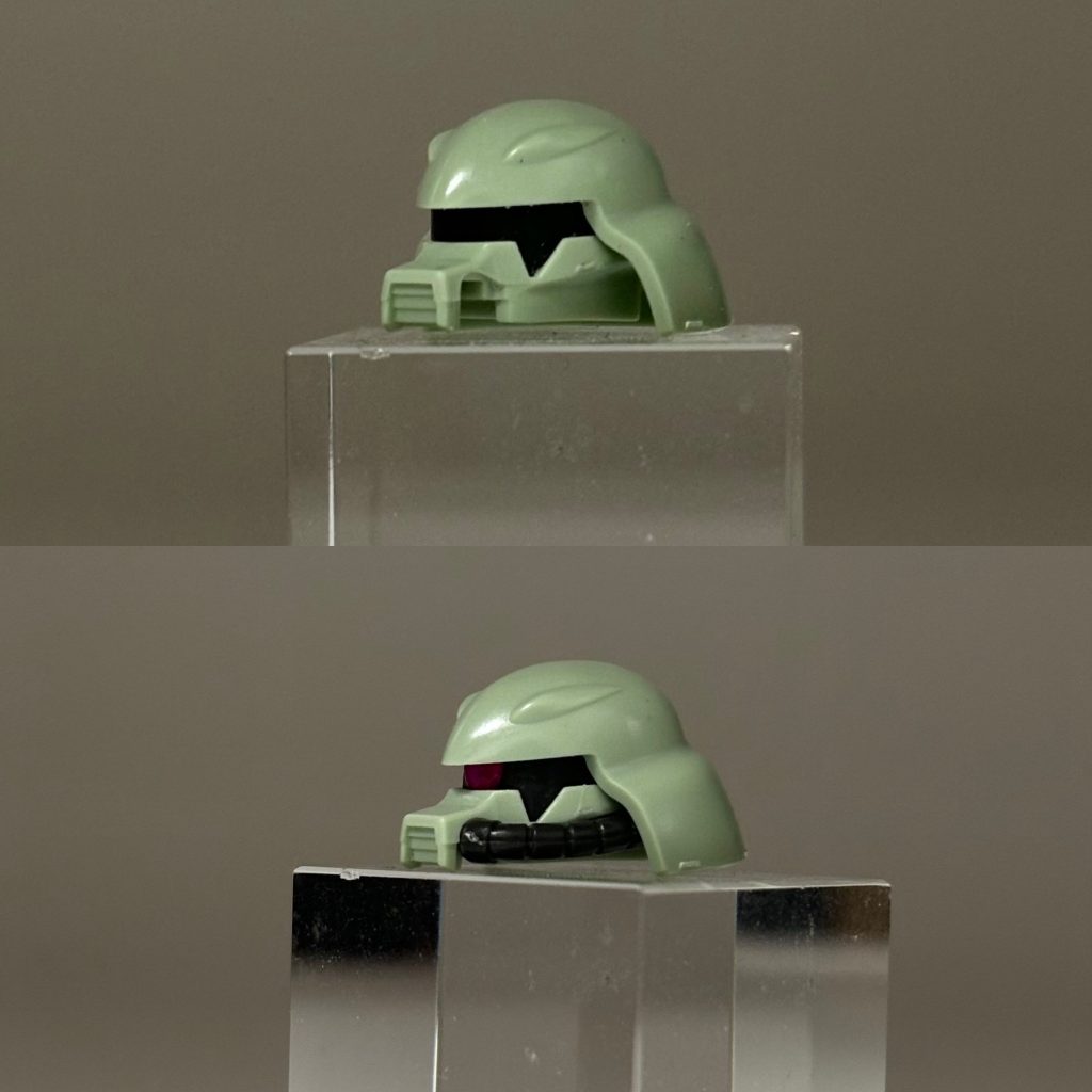 頭部の改修前後の比較です。目つきが悪くなるように内部のパーツを削りました。