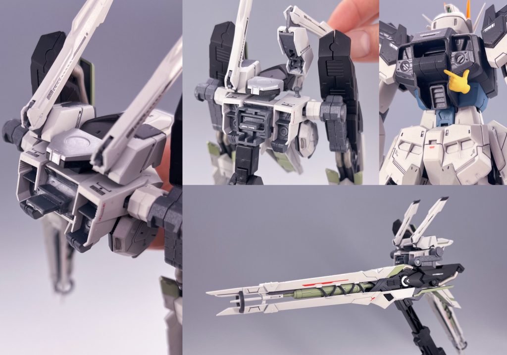 背中と隙間ができるためコネクタ基部をギリギリまで切り詰めて隙間解消折れ対策に真鍮とシアノンで補強レールガンはBJ仕込ん部したのである程度基部から可動可能バックパックが重く垂れ下がり防止にパテで本体との隙間を埋めるパーツを作成ビーム砲の塗り分け 基本は本体と合わせつつブラスト要素に緑を配置