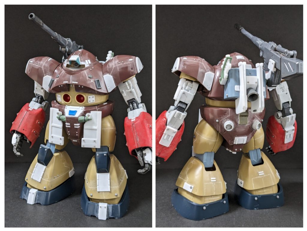 塗装前。基本はゴッグそのままにディテールアップですが、腕部はクローからマニュピレーターに変更(腕は寒ジムの脚の上から量産型ガンキャノンの脚を被せて、MGサイズのハンドパーツをくっつけています。)後回しにした細かい設定の話ですが、陸戦型にするにあたり、ゴッグは公式設定上「陸上での活動時には本体内のバラストタンクに冷却水を貯めて行動するため1~2時間の活動が限度」とされていたので、冷却機構をどうするかが一つのテーマになりました。そこで色々考えて、放熱フィンに行き着いた次第です(ディジェと同じ発想。ただ、弾幕に晒される前提なので大きくはできず、枚数を4枚に増やしました)。