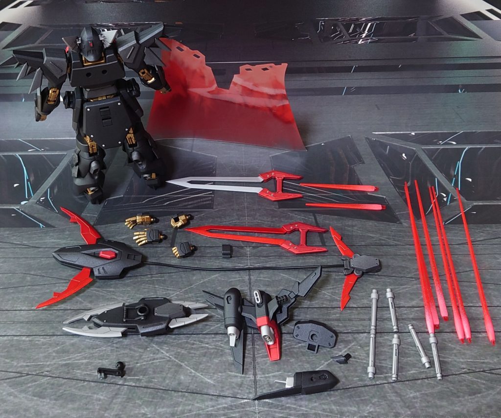 付属品一式。ビームサーベルについてもキット2個分を使用。連結用の噛み合わせを削った単体版を4本、連結した状態で固定した版を1本用意、手持ち専用のグリップは、腰マウント用穴をランナータグで塞いでみました。■塗装レシピ黒：黒サフ→メタリックブラック→つや消し赤：黒サフ→シルバーリーフ→メタリックレッド→つや消しグレー：黒サフ→ブライトガンメタル→つや消し金：黒サフ→ゴールド→光沢銀：黒サフ→シルバーリーフ→光沢ディス・パテール、スヴァローグ発熱：黒サフ→シルバーリーフ→メタリックレッド→光沢シールドジョイント：黒サフビーム刃エフェクト：先端側にメタリックレッド→根本側にベースホワイト→全体に蛍光レッドその他部分塗装、墨入れ：ガンダムマーカー各種→つや消し