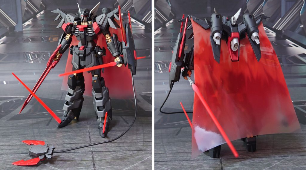 ブラックナイトスコード シヴァ、ギミックとエフェクトを可能な限り載せて前後ろ。実体剣“ディス・パテール”、シールドクロー“スヴァローグ”については、キットを2個買いしたので通常時・発熱時の2個を用意しました。